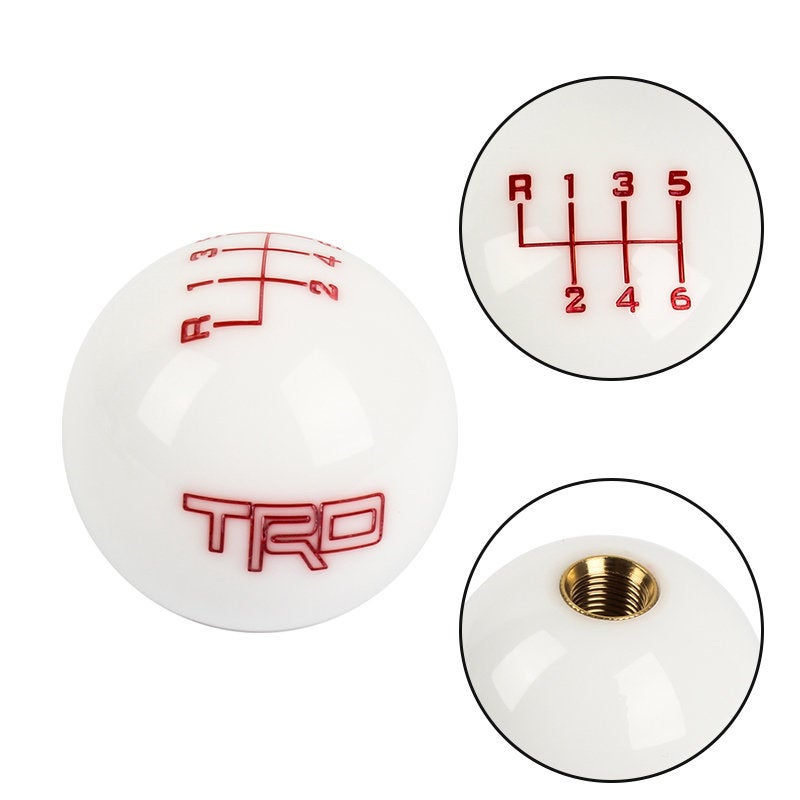 Brand New Universal JDM TRD 6 SPEED White Round Ball Gear Shift Knob Lever + Red Adapter For Non Threaded Shifters M12x1.25