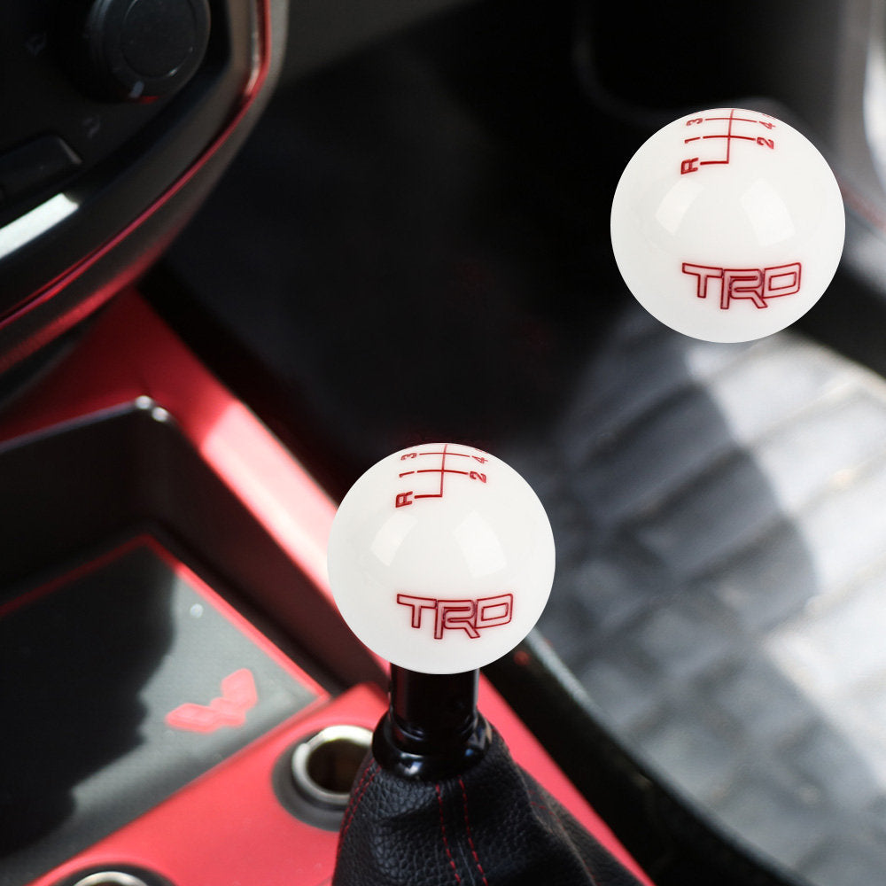 Brand New Universal JDM TRD 6 SPEED White Round Ball Gear Shift Knob Lever + Black Adapter For Non Threaded Shifters M12x1.25