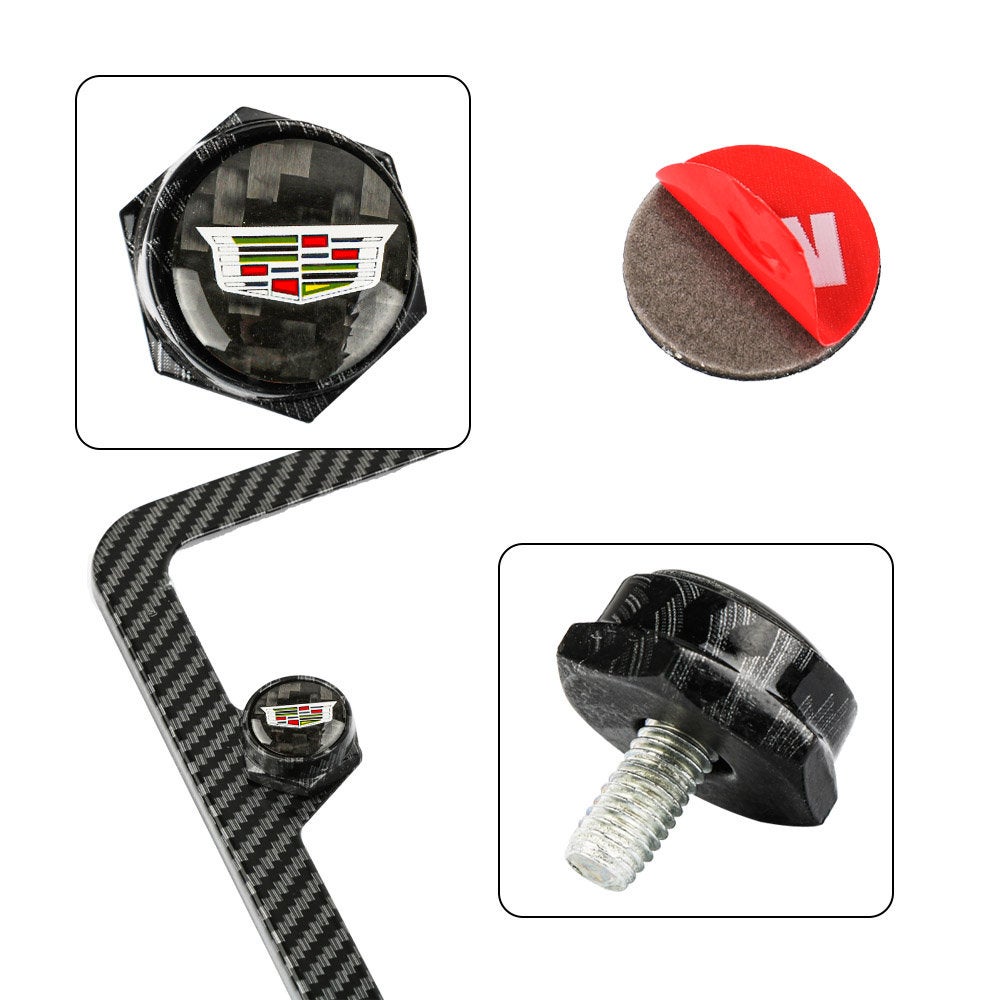 Brand New 4PCS Cadillac Racing Car License Plate Carbon Fiber Screw Bolt Cap Cover Screw Bolt