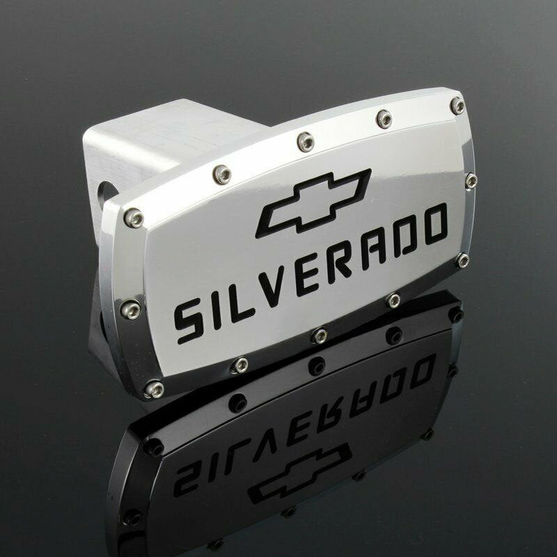 Brand New Silverado Silver Tow Hitch Cover Plug Cap 2" Trailer Receiver Engraved Billet Allen Bolts Official Licensed Products