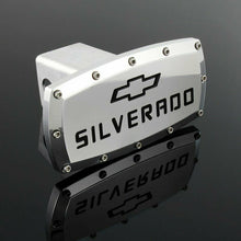 Load image into Gallery viewer, Brand New Silverado Silver Tow Hitch Cover Plug Cap 2&quot; Trailer Receiver Engraved Billet Allen Bolts Official Licensed Products