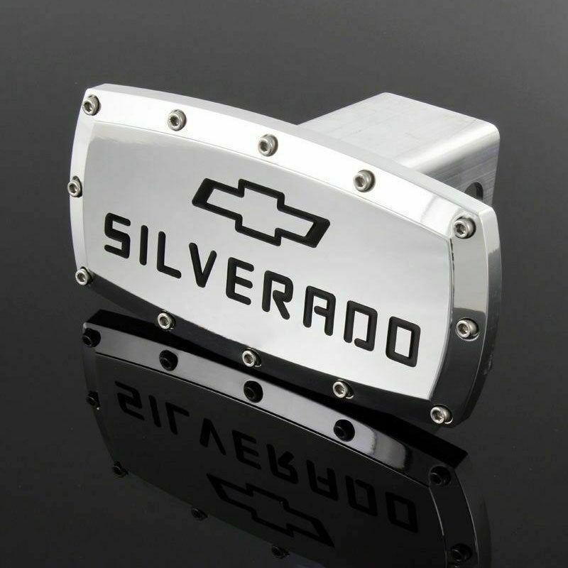 Brand New Silverado Silver Tow Hitch Cover Plug Cap 2" Trailer Receiver Engraved Billet Allen Bolts Official Licensed Products