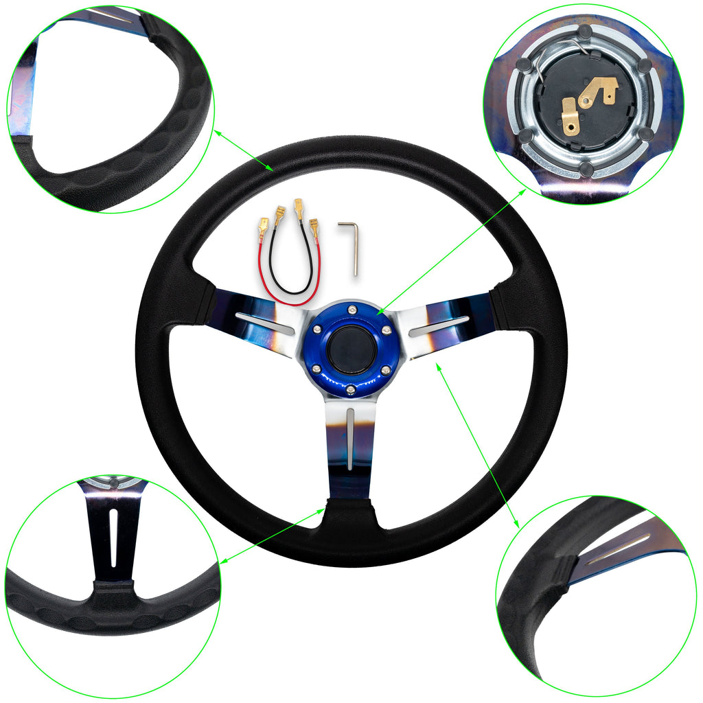 Brand New JDM Universal 350mm 14" Deep Dish Racing JDM Nismo Black Steering Wheel Leather-Burnt Blue Spoke
