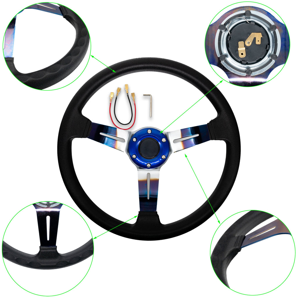 Brand New JDM Universal 350mm 14" Deep Dish Racing JDM Beginner Leaf Black Steering Wheel Leather-Burnt Blue Spoke