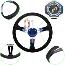 Load image into Gallery viewer, Brand New JDM Universal 350mm 14&quot; Deep Dish Racing JDM Beginner Leaf Black Steering Wheel Leather-Burnt Blue Spoke