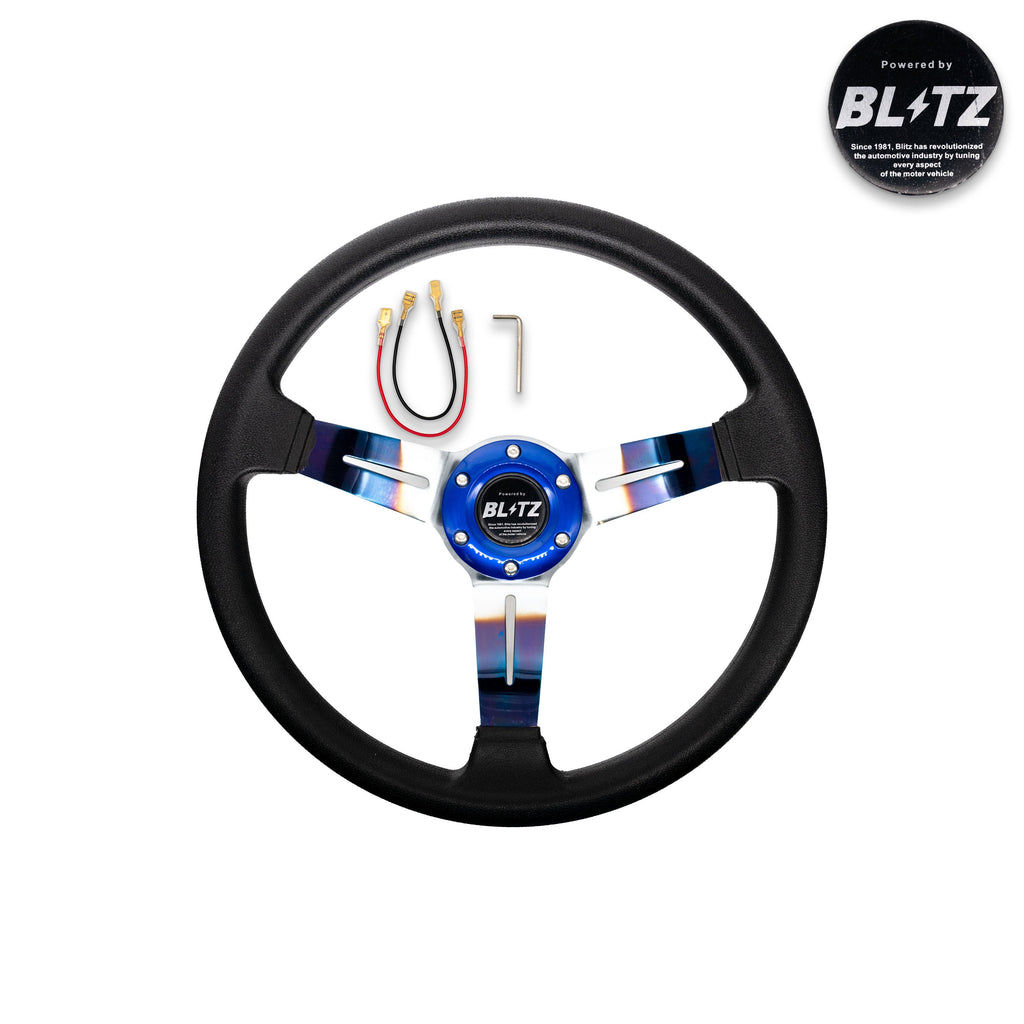 Brand New JDM Universal 350mm 14" Deep Dish Racing Blitz Black Steering Wheel Leather-Burnt Blue Spoke