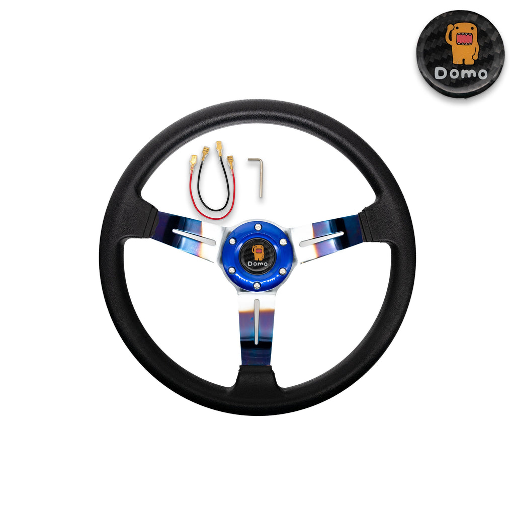 Brand New JDM Universal 350mm 14" Deep Dish Racing Domo Black Steering Wheel Leather-Burnt Blue Spoke