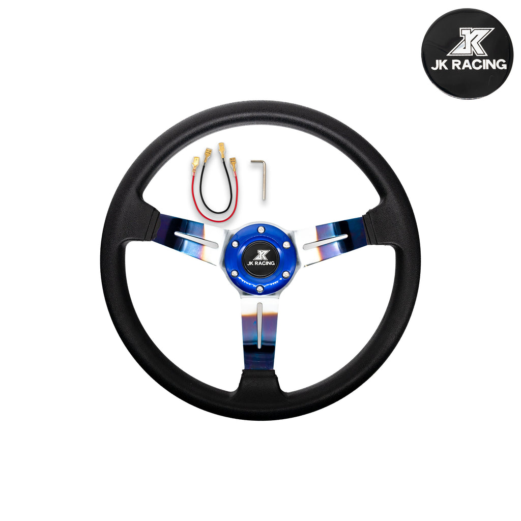 Brand New JDM Universal 350mm 14" Deep Dish Racing JDM JK Racing Black Steering Wheel Leather-Burnt Blue Spoke