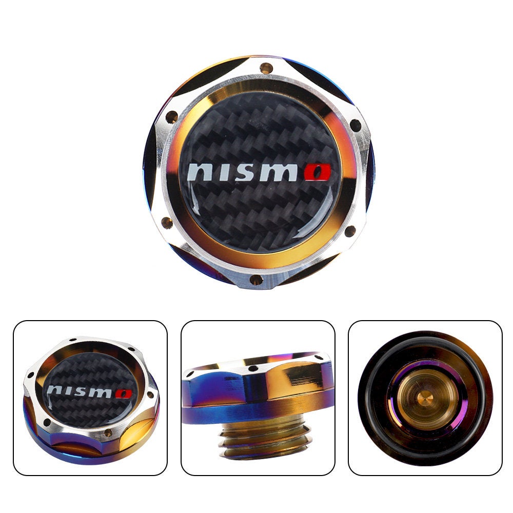 Brand New Jdm Nismo Burnt Blue Engine Oil Cap With Real Carbon Fiber Nismo Sticker Emblem For Nissan