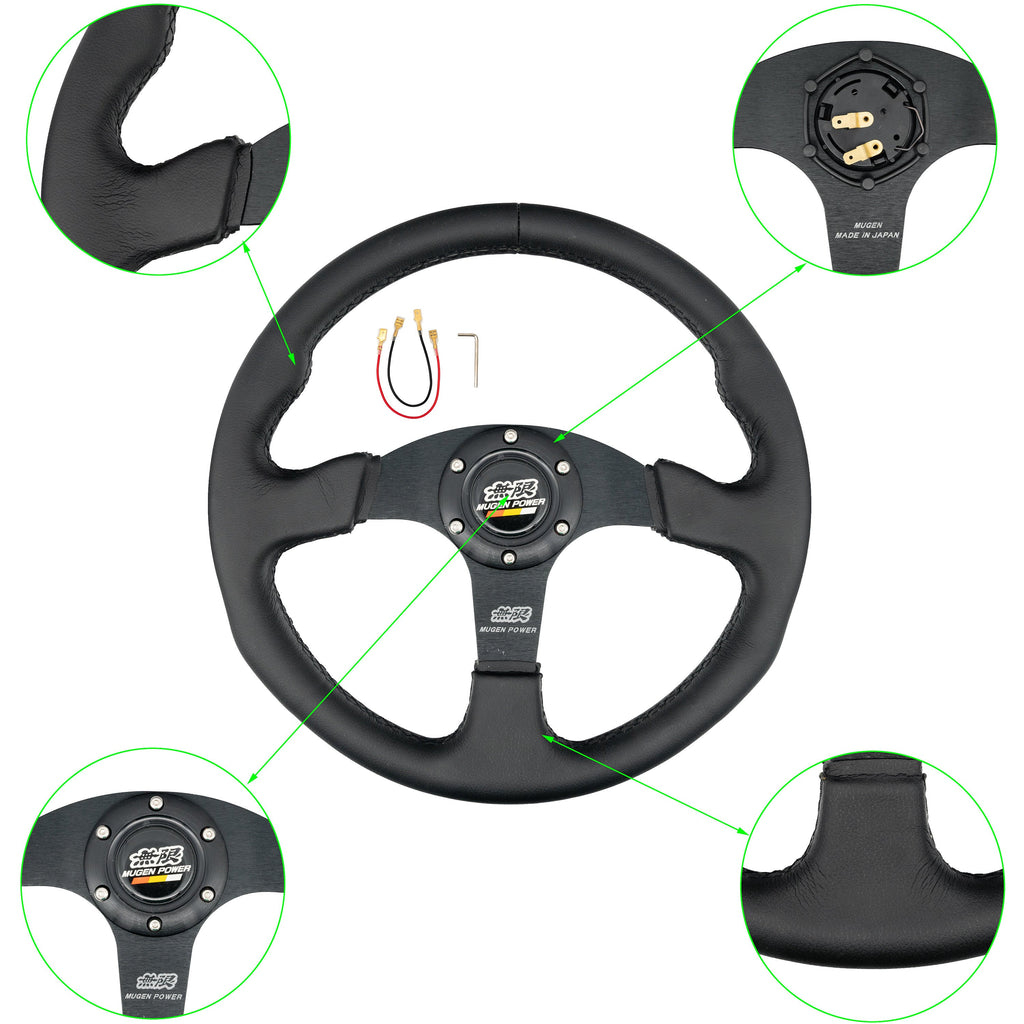 Brand New 14" MUGEN Style Racing Black Stitching Leather Sport Steering Wheel w Horn Button