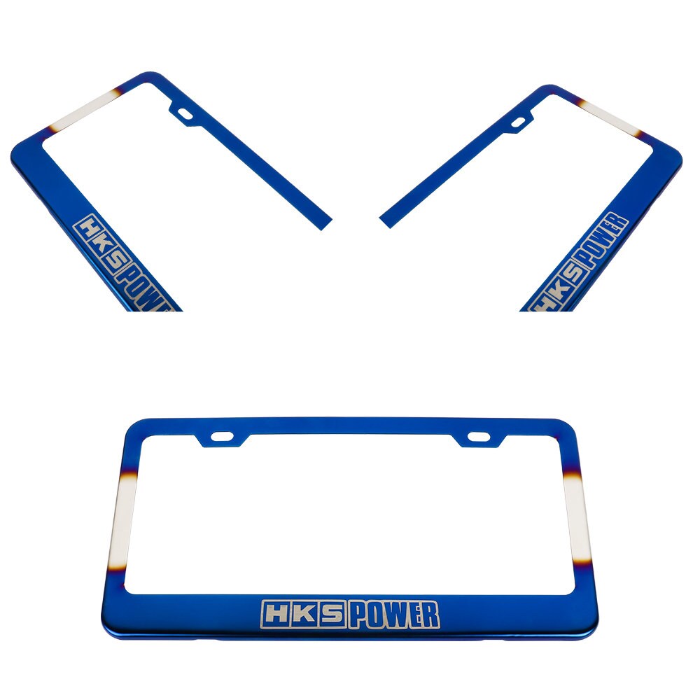 Brand New 1PCS HKS POWER Burnt Blue Stainless Steel Metal License Plate Frame W/ Screw Caps