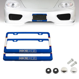 Brand New 2PCS HKS POWER Burnt Blue Stainless Steel Metal License Plate Frame W/ Screw Caps