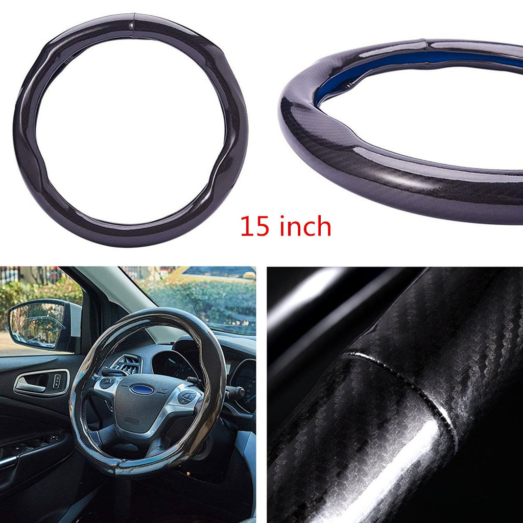 Brand New Black Carbon Fiber PU Leather Car Steering Wheel Cover Protector 15"