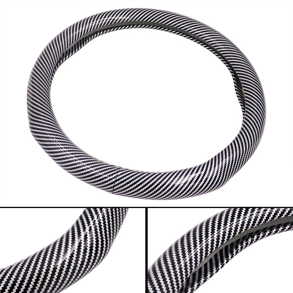 Brand New Silver Carbon Fiber PU Leather Car Steering Wheel Cover Protector 15"