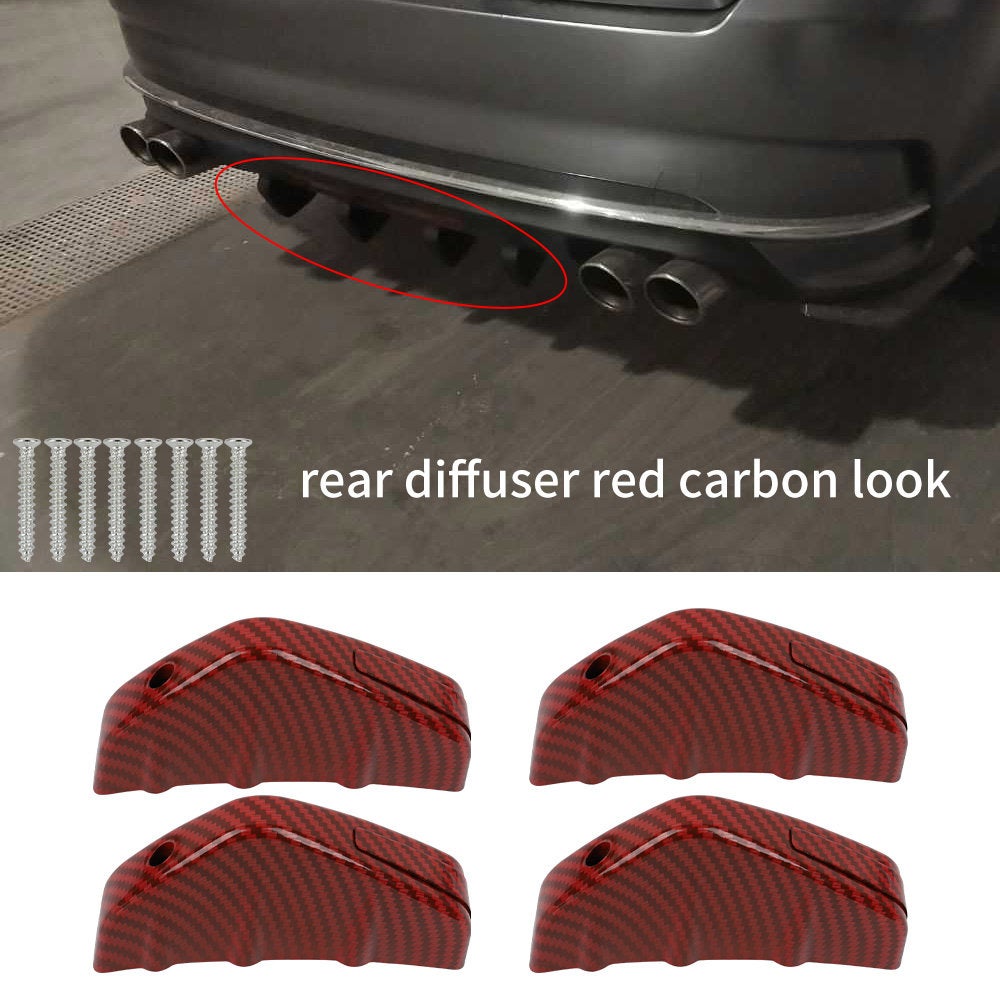 Brand New Universal 4PCS Rear Bumper Diffuser Fin Spoiler Lip 4 Wing Splitter Red Carbon Fiber Look
