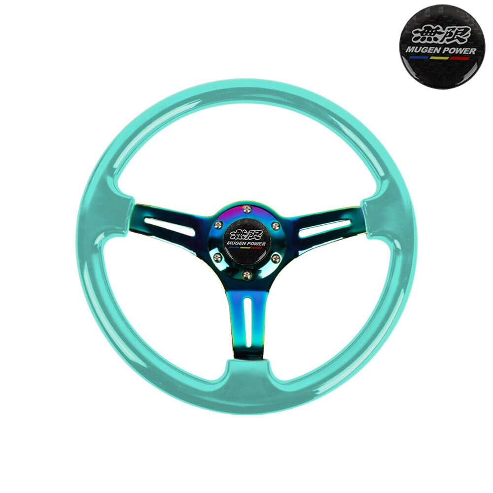 Brand New 350mm 14" Universal JDM Mugen Green Deep Dish ABS Racing Steering Wheel Neo-Chrome Spoke