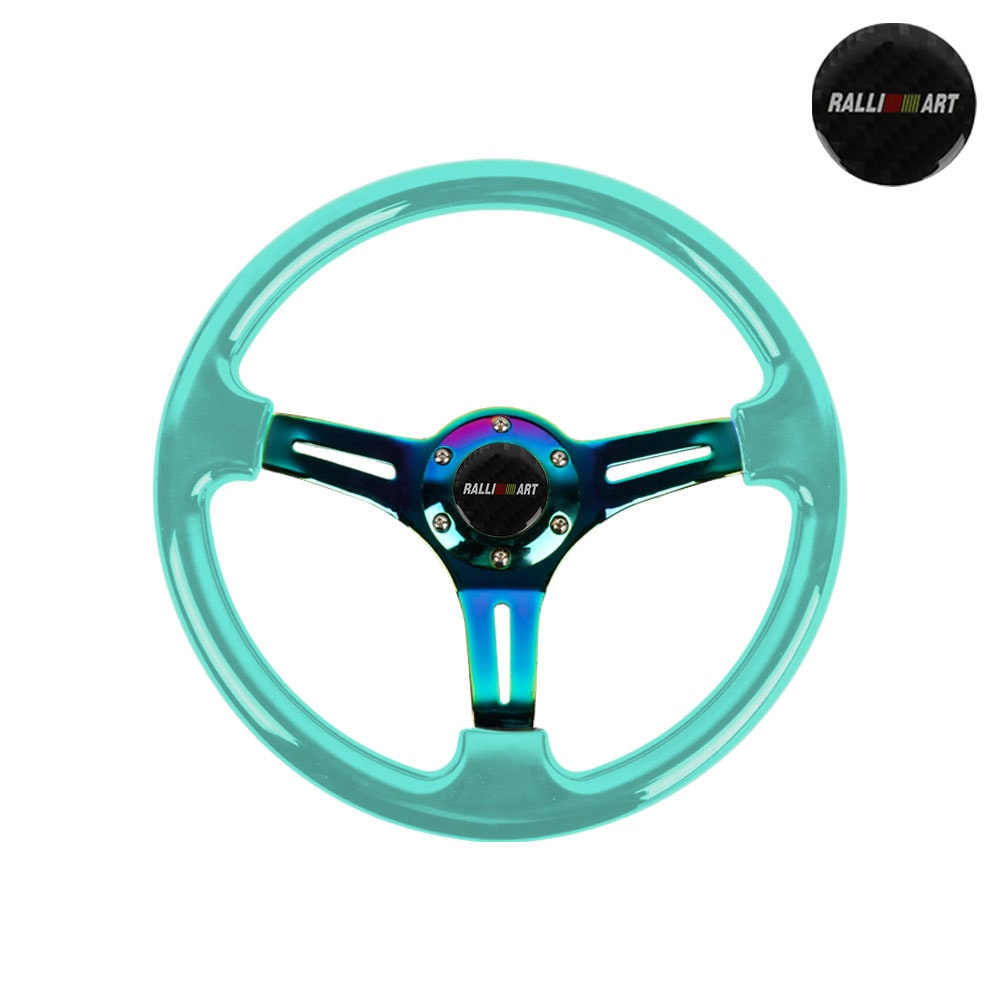 Brand New 350mm 14" Universal JDM Ralliart Green Deep Dish ABS Racing Steering Wheel Neo-Chrome Spoke