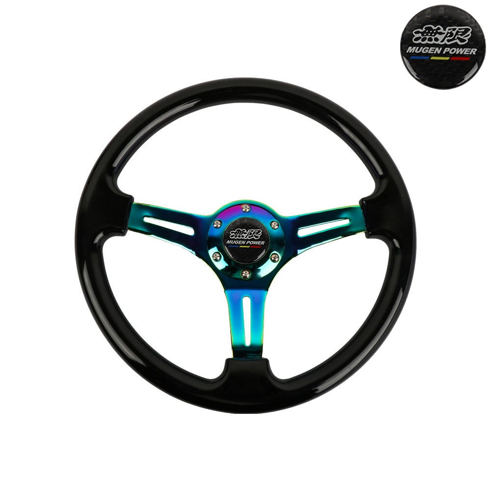 Brand New 350mm 14" Universal JDM Mugen Black Deep Dish ABS Racing Steering Wheel Neo-Chrome Spoke