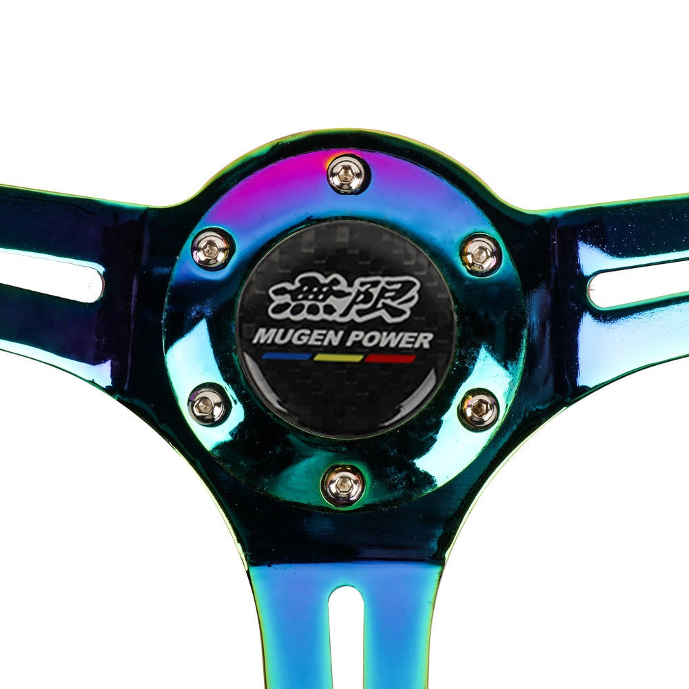 Brand New 350mm 14" Universal JDM Mugen Black Deep Dish ABS Racing Steering Wheel Neo-Chrome Spoke