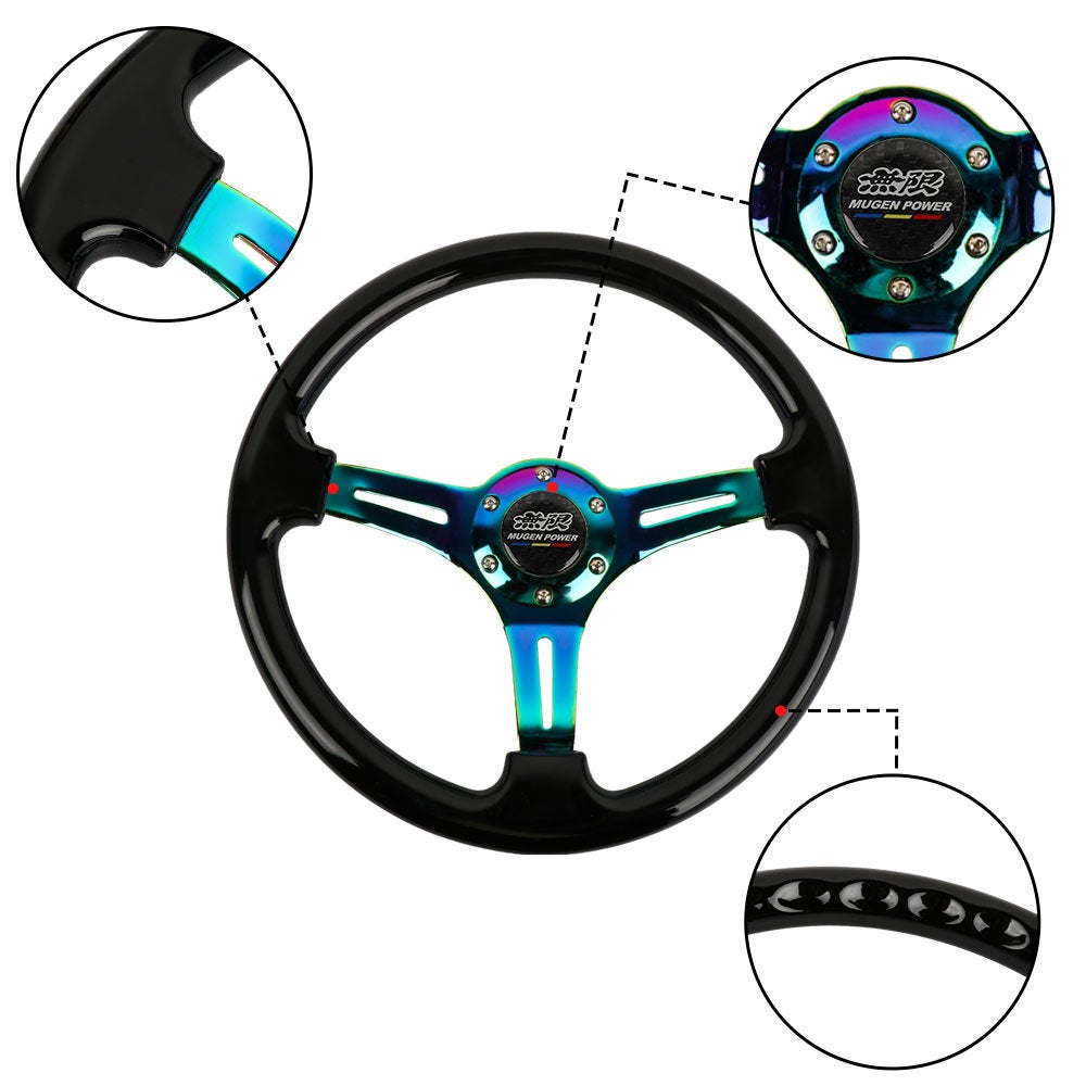 Brand New 350mm 14" Universal JDM Mugen Black Deep Dish ABS Racing Steering Wheel Neo-Chrome Spoke
