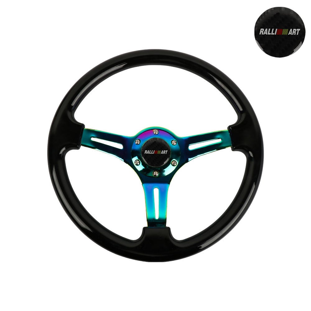 Brand New 350mm 14" Universal JDM Ralliart Black Deep Dish ABS Racing Steering Wheel Neo-Chrome Spoke