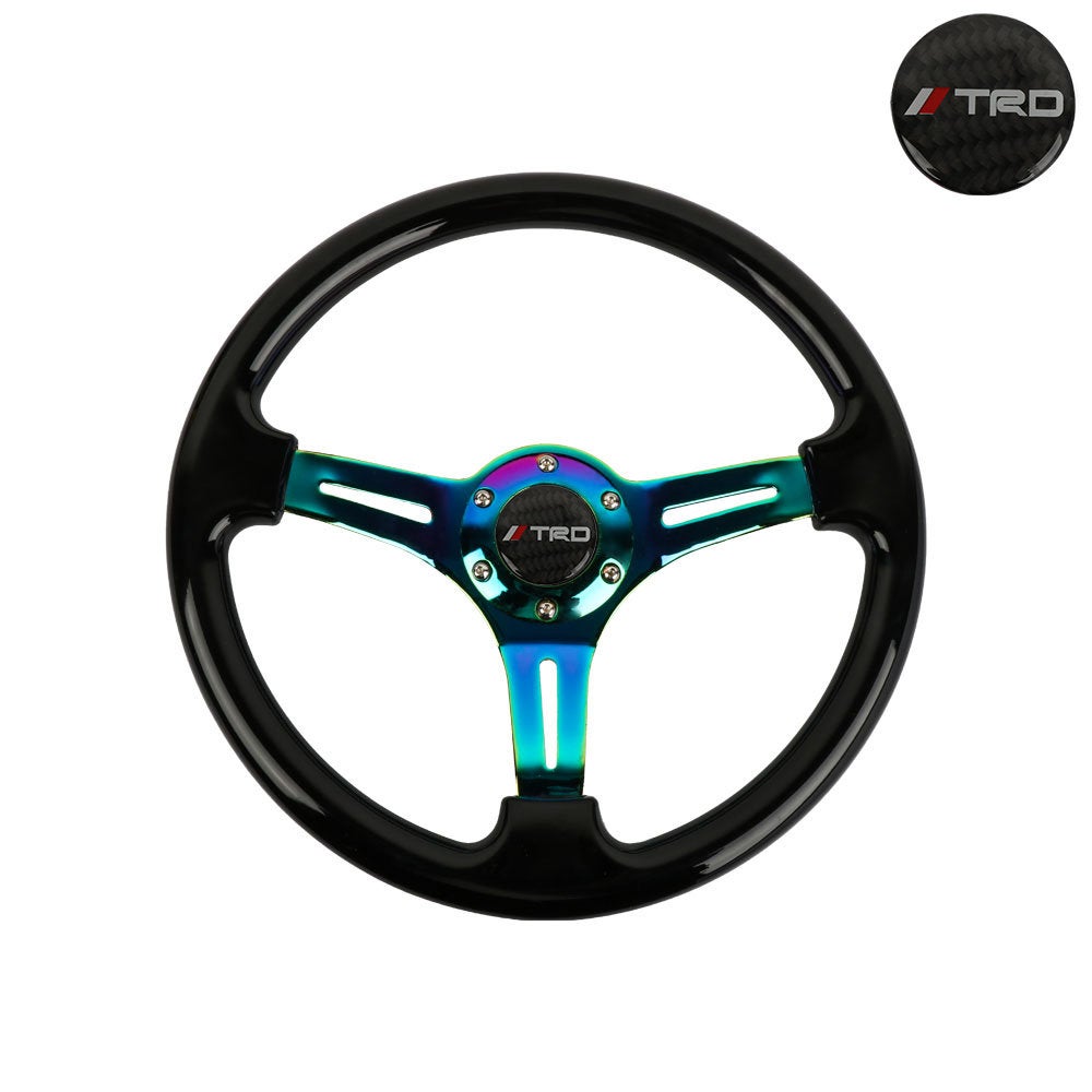 Brand New 350mm 14" Universal JDM TRD Black Deep Dish ABS Racing Steering Wheel Neo-Chrome Spoke