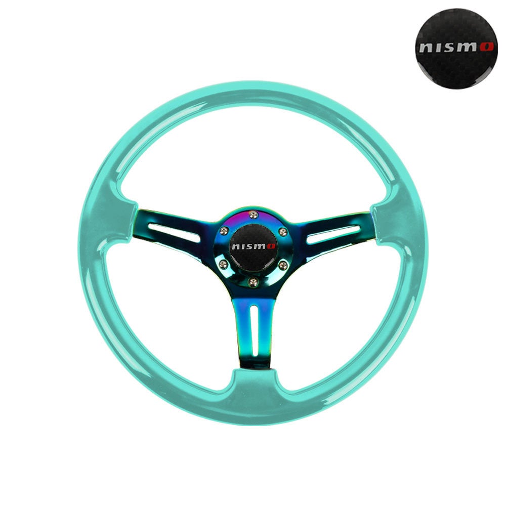 Brand New 350mm 14" Universal JDM Nismo Green Deep Dish ABS Racing Steering Wheel Neo-Chrome Spoke