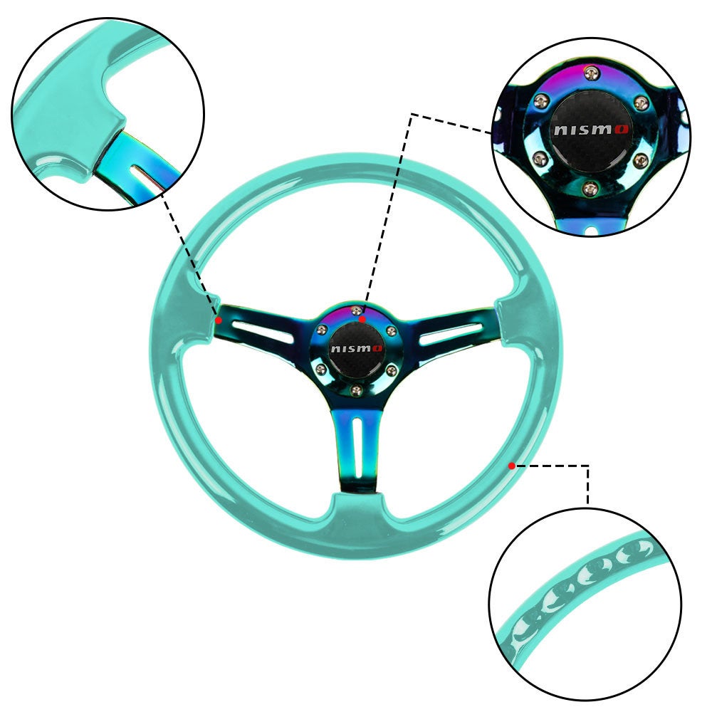 Brand New 350mm 14" Universal JDM Nismo Green Deep Dish ABS Racing Steering Wheel Neo-Chrome Spoke