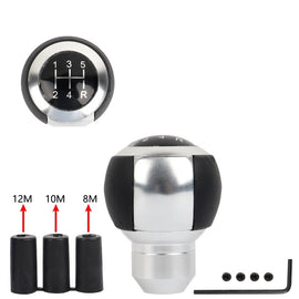 Brand New 5 Speed Leather Round Ball Shape Universal Car Gear Shift Knob Shifter Lever Silver M8 M10 M12