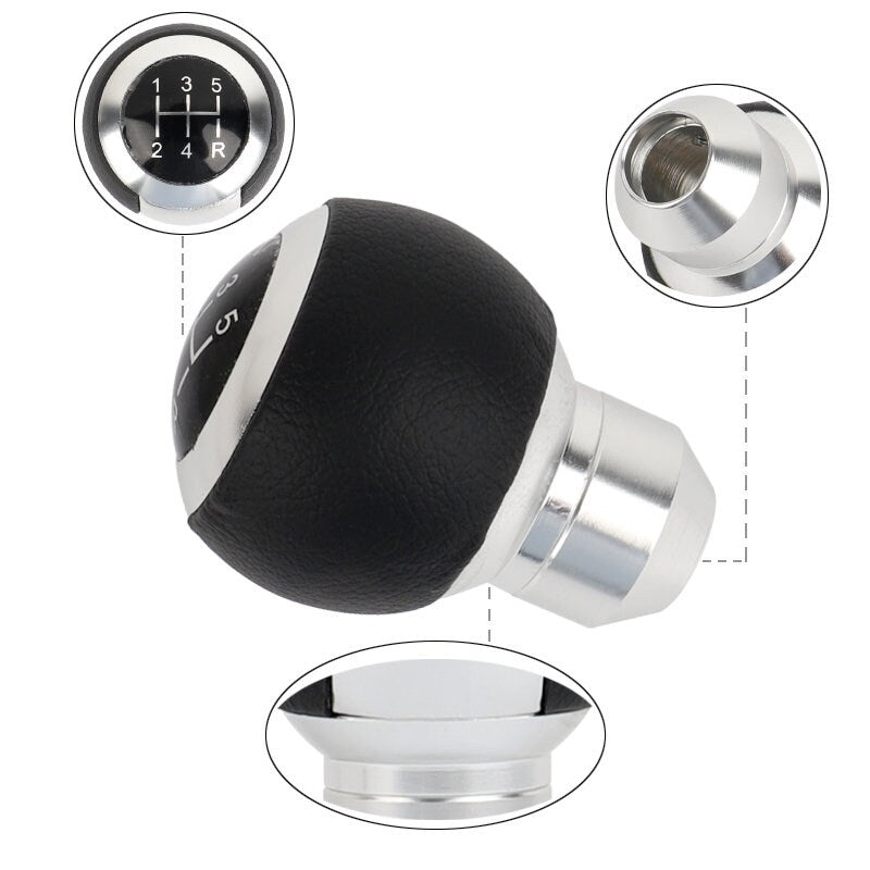 Brand New 5 Speed Leather Round Ball Shape Universal Car Gear Shift Knob Shifter Lever Silver M8 M10 M12