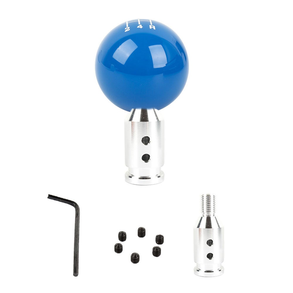 Brand New Universal 5 Speed Fuckin' Fast Round Blue Ball Gear Shift Knob Lever + Silver Adapter For Non Threaded Shifters M12x1.25