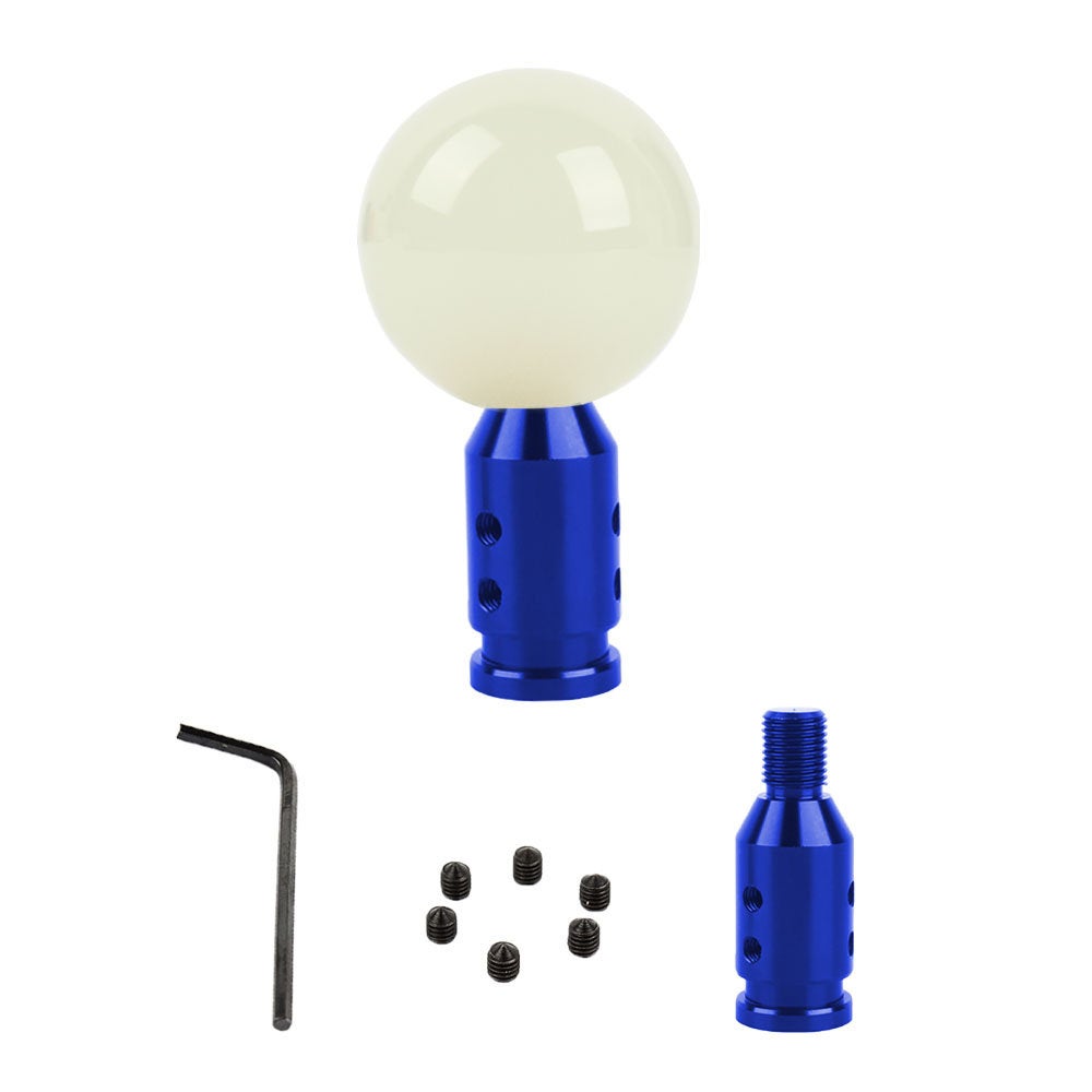 Brand New Universal Glow In Dark Blue Round Ball Gear Shift Knob Lever + Blue Adapter For Non Threaded Shifters M12x1.25