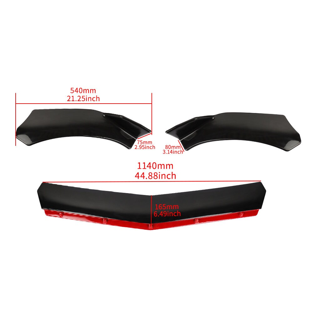 Universal Front Bumper Lip Body Kit, Black &Red ABS Front Spoiler Front  Bumper Lip Splitter Body Kit with 11”-13“ Red Strut Rods
