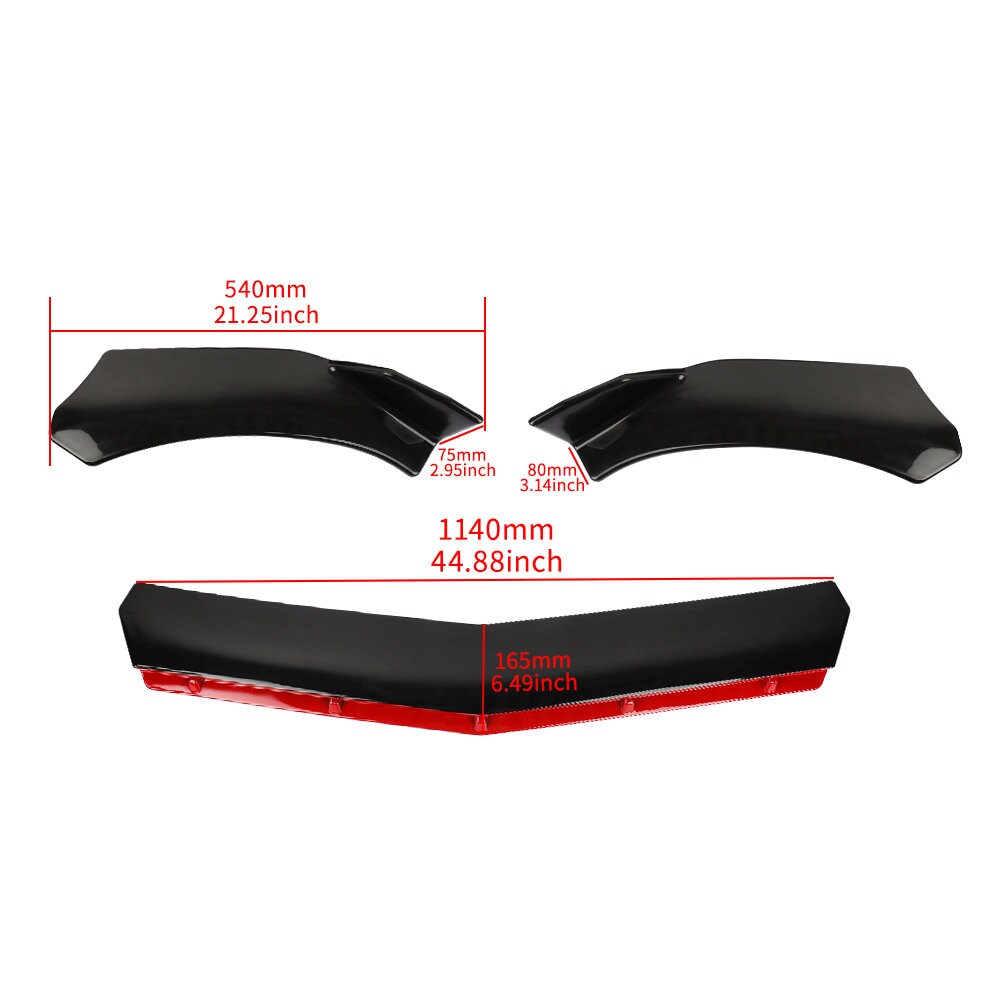 Brand New 3PCS Universal V2 Glossy Black With Red Lining Front Bumper Protector Body Splitter Spoiler Lip