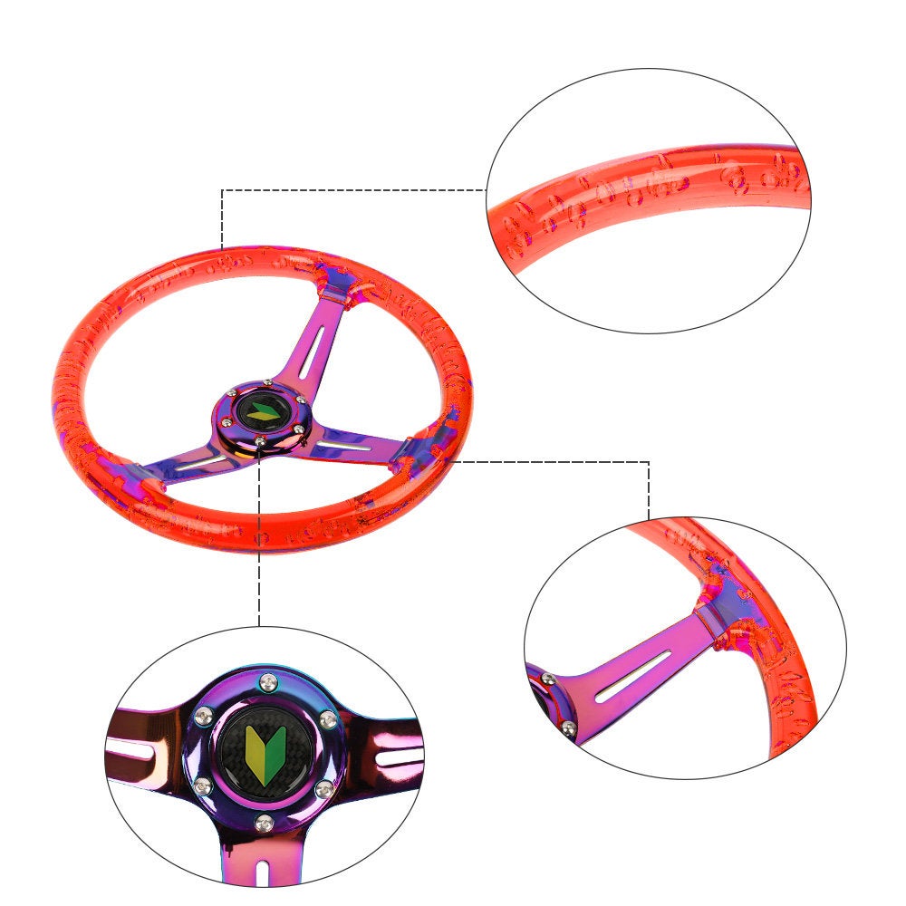 Brand New Universal JDM Beginner Leaf 6-Hole 350mm Deep Dish Vip Red Crystal Bubble Neo Spoke STEERING WHEEL