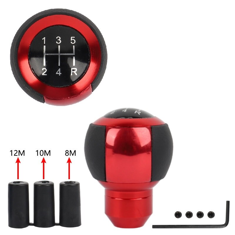 Brand New 5 Speed Leather Round Ball Shape Universal Car Gear Shift Knob Shifter Lever Red M8 M10 M12