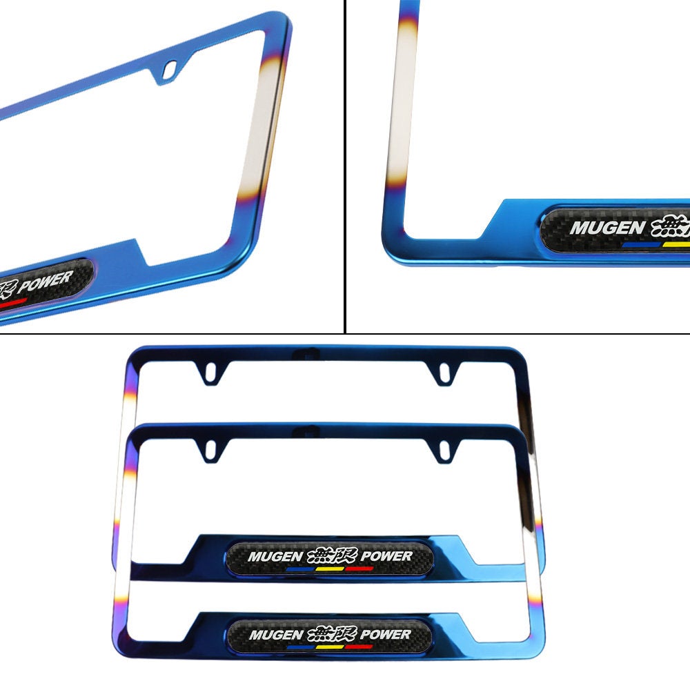 Brand New Universal 2PCS Mugen Power Titanium Burnt Blue Metal License Plate Frame V2
