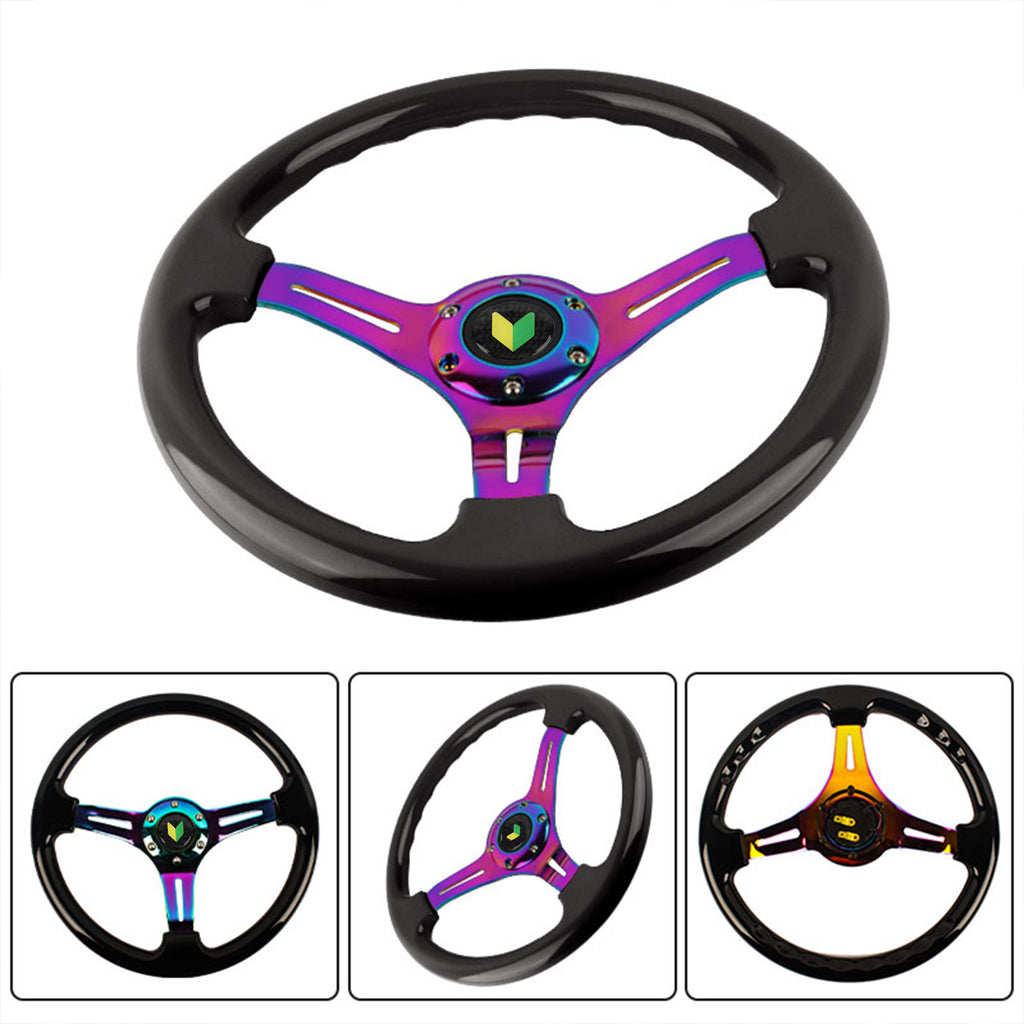 Brand New 350mm 14" Universal JDM Beginner Leaf Deep Dish ABS Racing Steering Wheel Black With Neo-Chrome Spoke