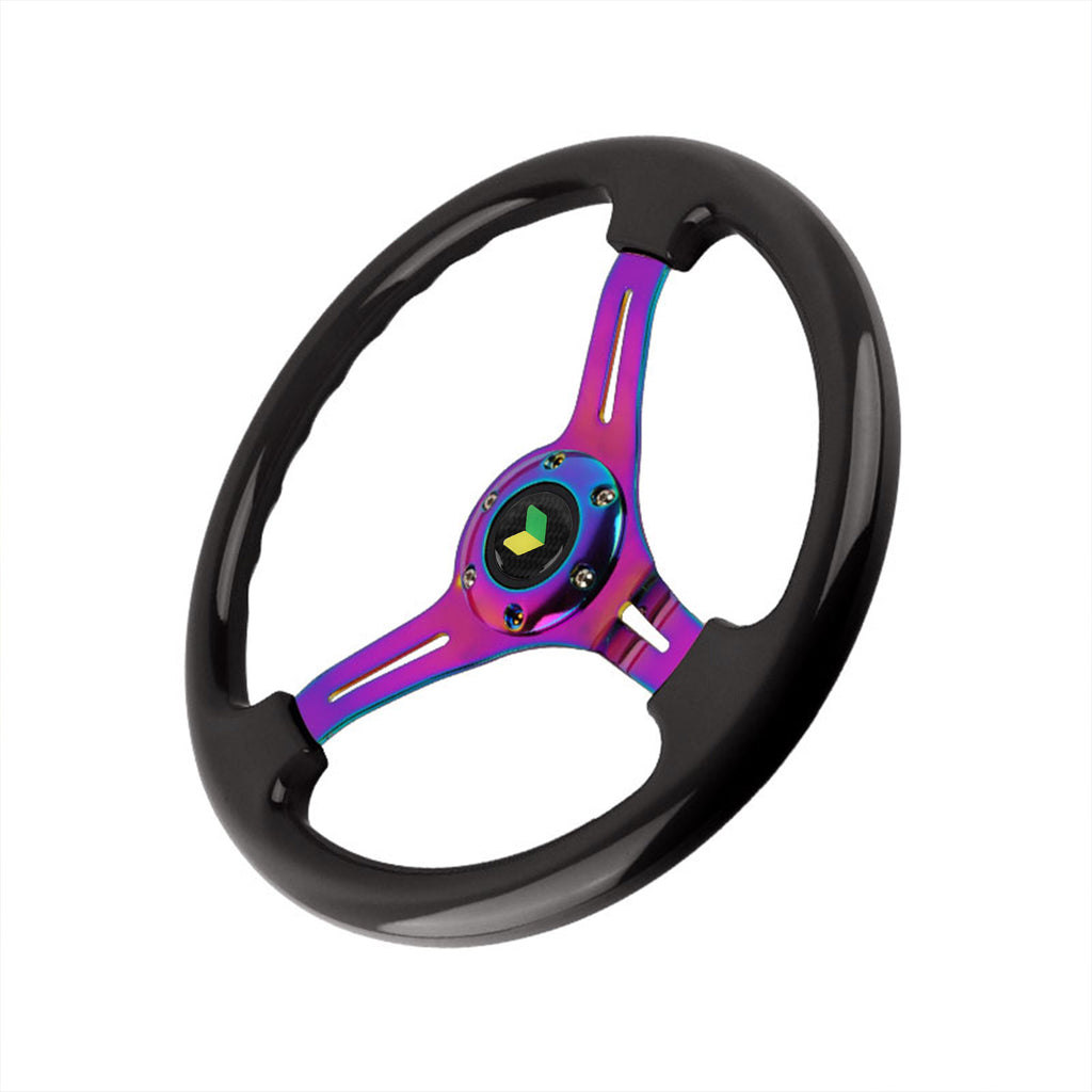 Brand New 350mm 14" Universal JDM Beginner Leaf Deep Dish ABS Racing Steering Wheel Black With Neo-Chrome Spoke