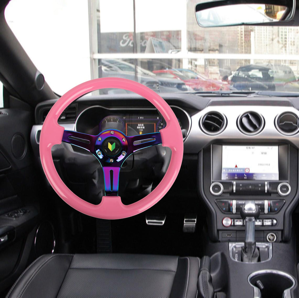Brand New 350mm 14" Universal JDM Beginner Leaf Deep Dish ABS Racing Steering Wheel Pink With Neo-Chrome Spoke