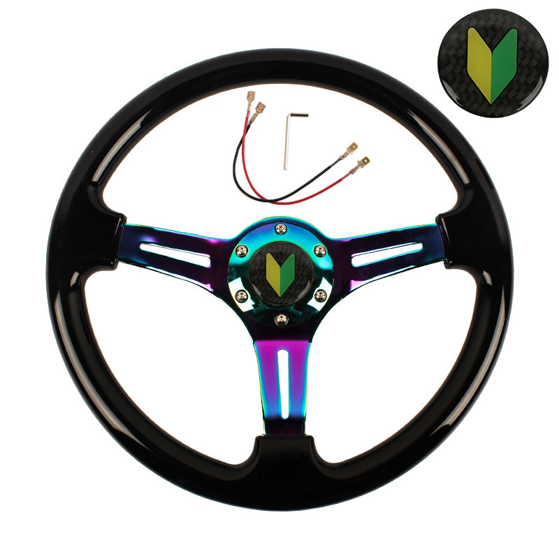 Brand New 350mm 14" Universal JDM Beginner Leaf Deep Dish ABS Racing Steering Wheel Black With Neo-Chrome Spoke