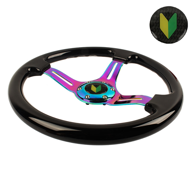 Brand New 350mm 14" Universal JDM Beginner Leaf Deep Dish ABS Racing Steering Wheel Black With Neo-Chrome Spoke