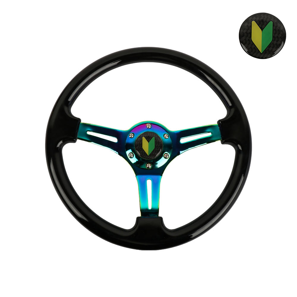 Brand New 350mm 14" Universal JDM Beginner Leaf Deep Dish ABS Racing Steering Wheel Black With Neo-Chrome Spoke
