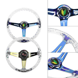 Brand New JDM Beginner Leaf Universal 6-Hole 350mm Deep Dish Vip Clear Crystal Bubble Burnt Blue Spoke Steering Wheel