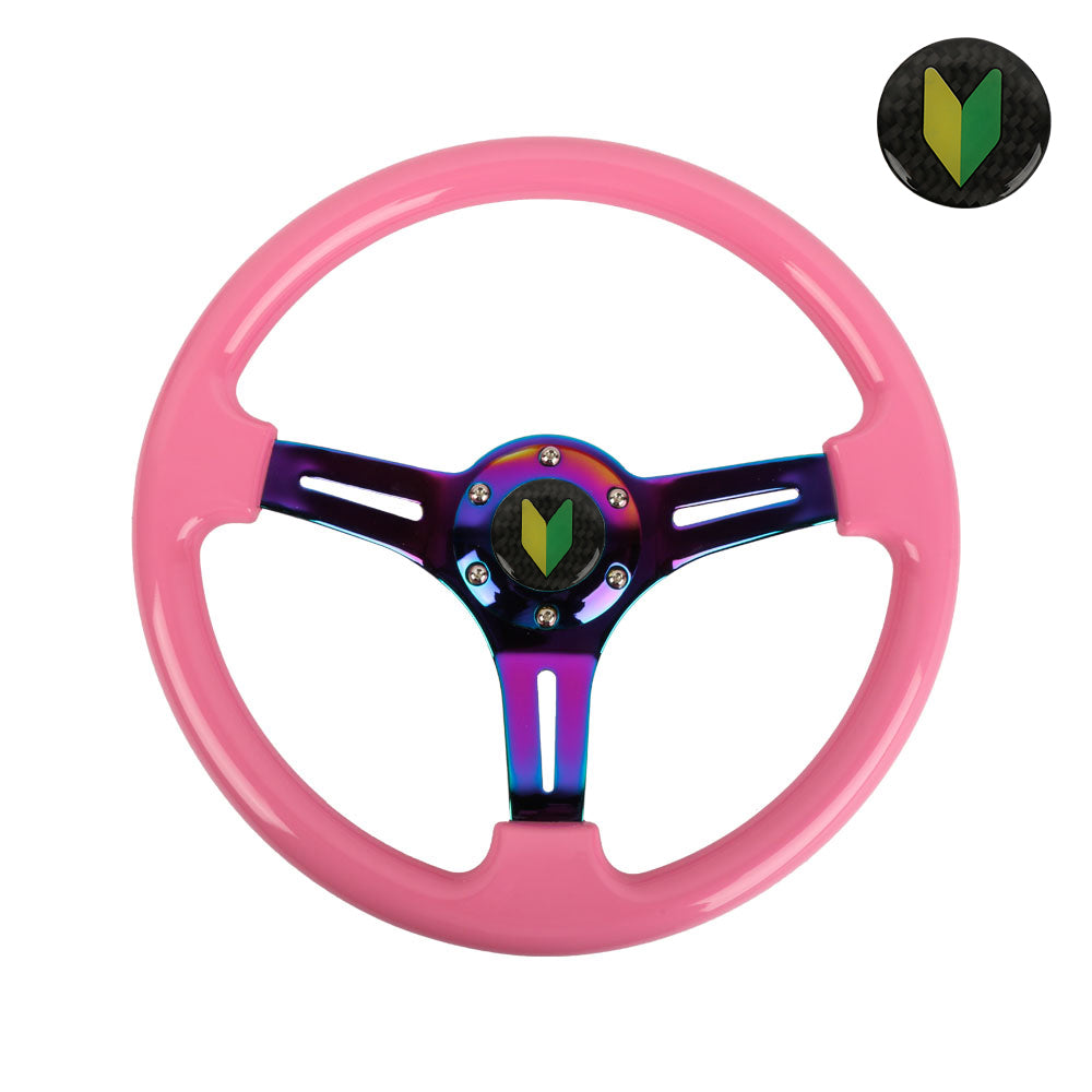 Brand New 350mm 14" Universal JDM Beginner Leaf Deep Dish ABS Racing Steering Wheel Pink With Neo-Chrome Spoke