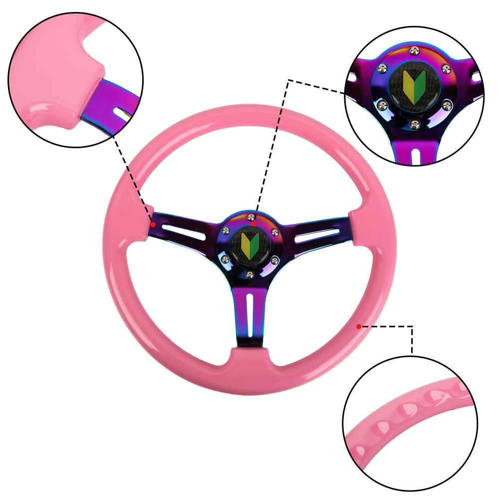 Brand New 350mm 14" Universal JDM Beginner Leaf Deep Dish ABS Racing Steering Wheel Pink With Neo-Chrome Spoke