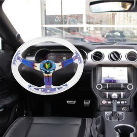 Brand New JDM Beginner Leaf Universal 6-Hole 350mm Deep Dish Vip Clear Crystal Bubble Burnt Blue Spoke Steering Wheel