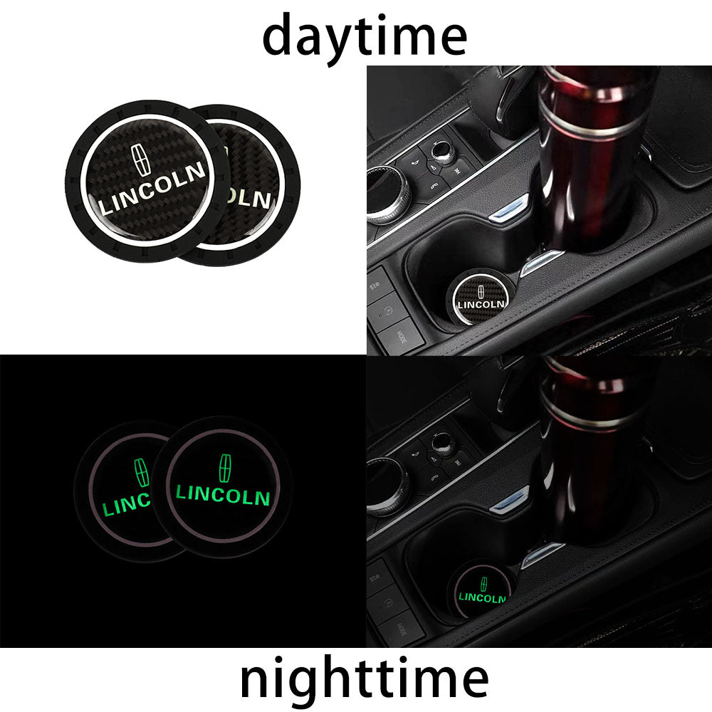 Brand New 2PCS Lincoln Glows In The Dark Green Real Carbon Fiber Car Cup Holder Pad Water Cup Slot Non-Slip Mat Universal