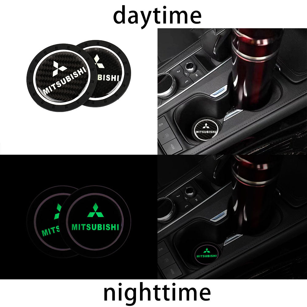 Brand New 2PCS Mitsubishi Glows In The Dark Green Real Carbon Fiber Car Cup Holder Pad Water Cup Slot Non-Slip Mat Universal