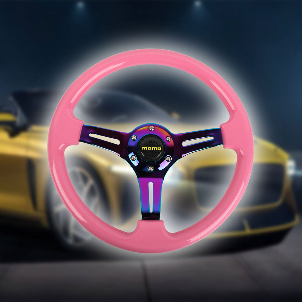 Brand New 350mm 14" Universal JDM MOMO Deep Dish ABS Racing Steering Wheel Pink With Neo-Chrome Spoke